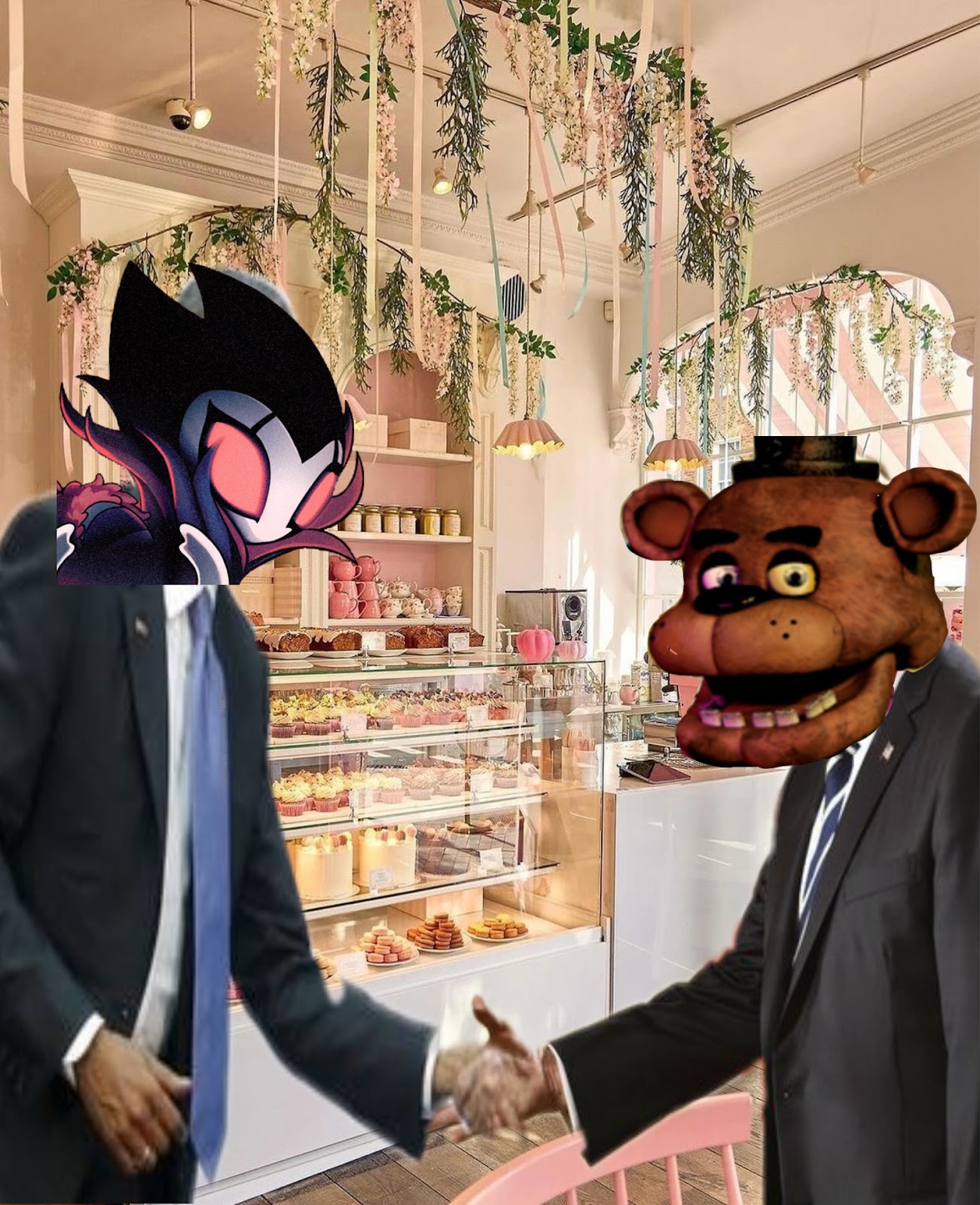 Nightmare King Grimm and Freddy Fazbear after reaching the agreement over the cupcake chain